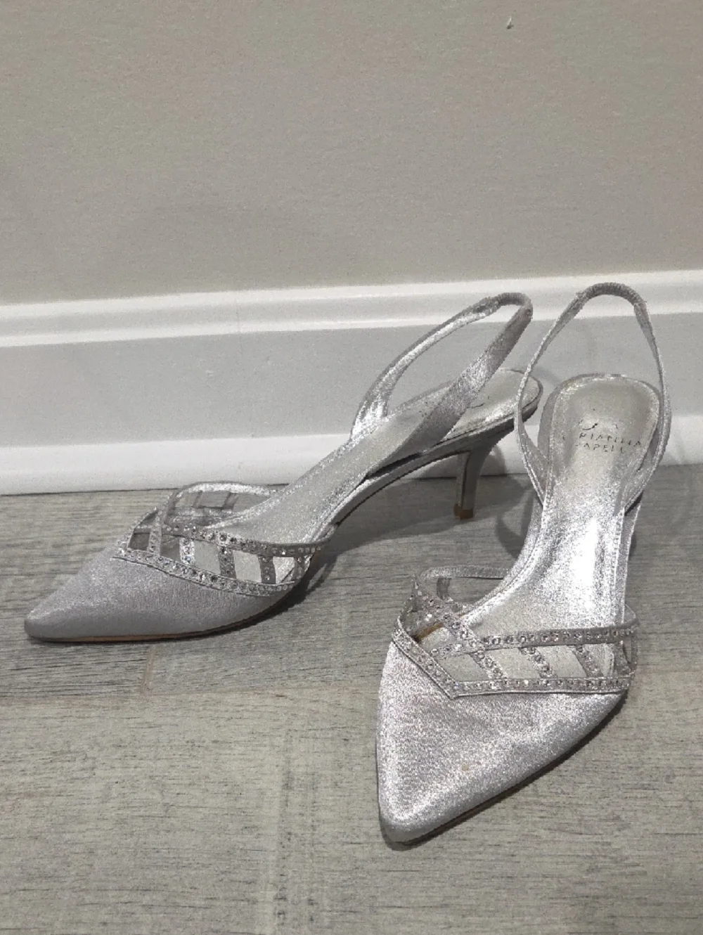 Adrianna Papell Metallic Silver Pointed Slingback Heels with Crystal Accents